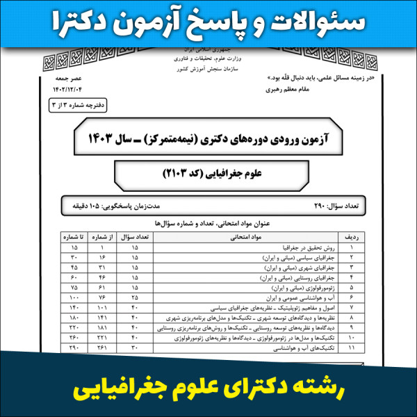 سئوالات آزمون دکترای رشته علوم جغرافیایی سال 1403