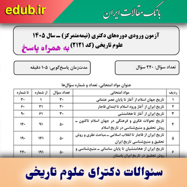 سئوالات و پاسخنامه دکترای علوم تاریخی سال ۱۴۰۵